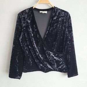 Brannan Studio Black Crushed Velvet Faux Wrap Pullover Long Sleeve Top Large